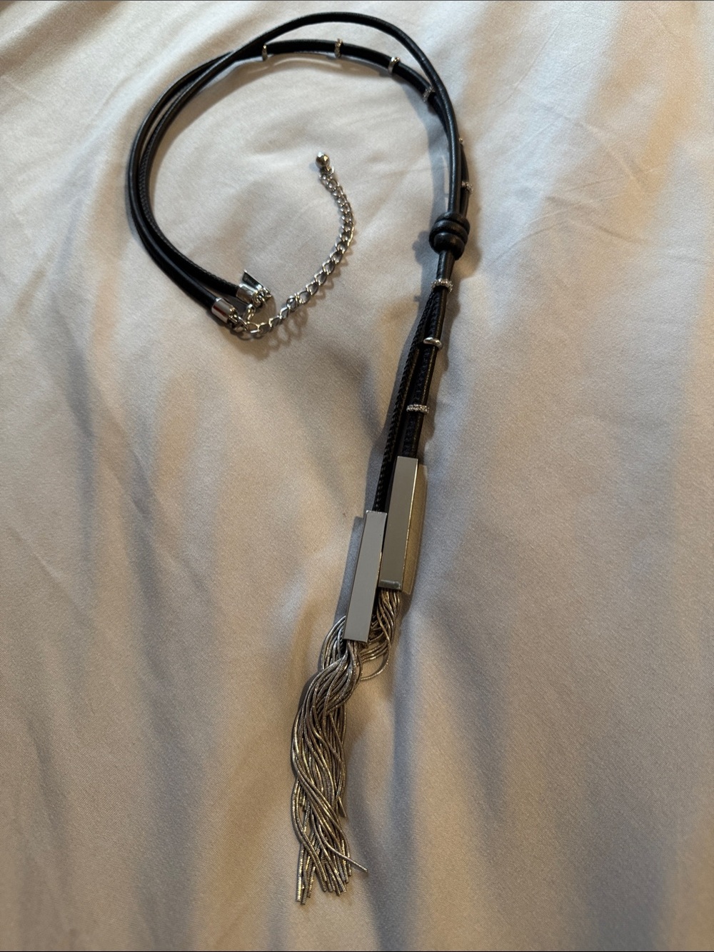 Black Leather Tassel Necklace with Silver Accent
